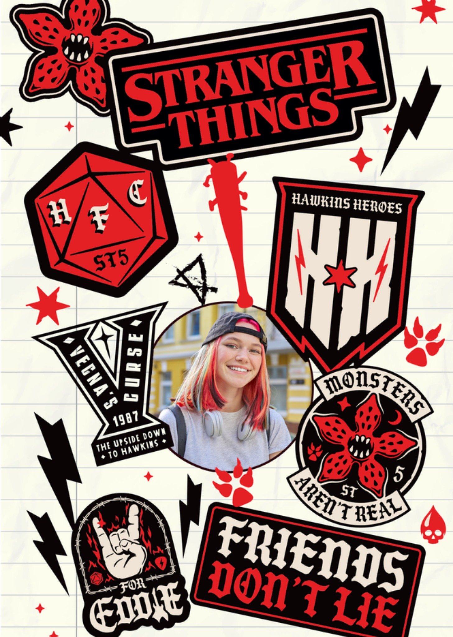 Stranger Things Sticker Patches Photo Upload Retro Greetings Card