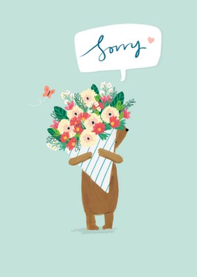 Cute Illustrated Bear With Flower Bouquet Sorry Card