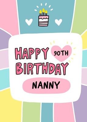 Cake Illustration With Pastel Colour Tiled Border Ninetieth Birthday Card