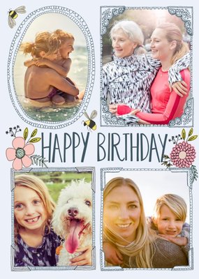 Flowers And Bumblebees Happy Birthday Multi-Photo Card