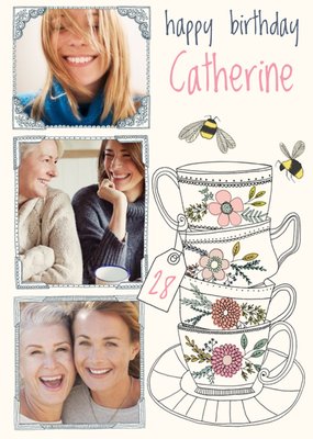 Stacked Tea Cups Multi-Photo Happy Birthday Card