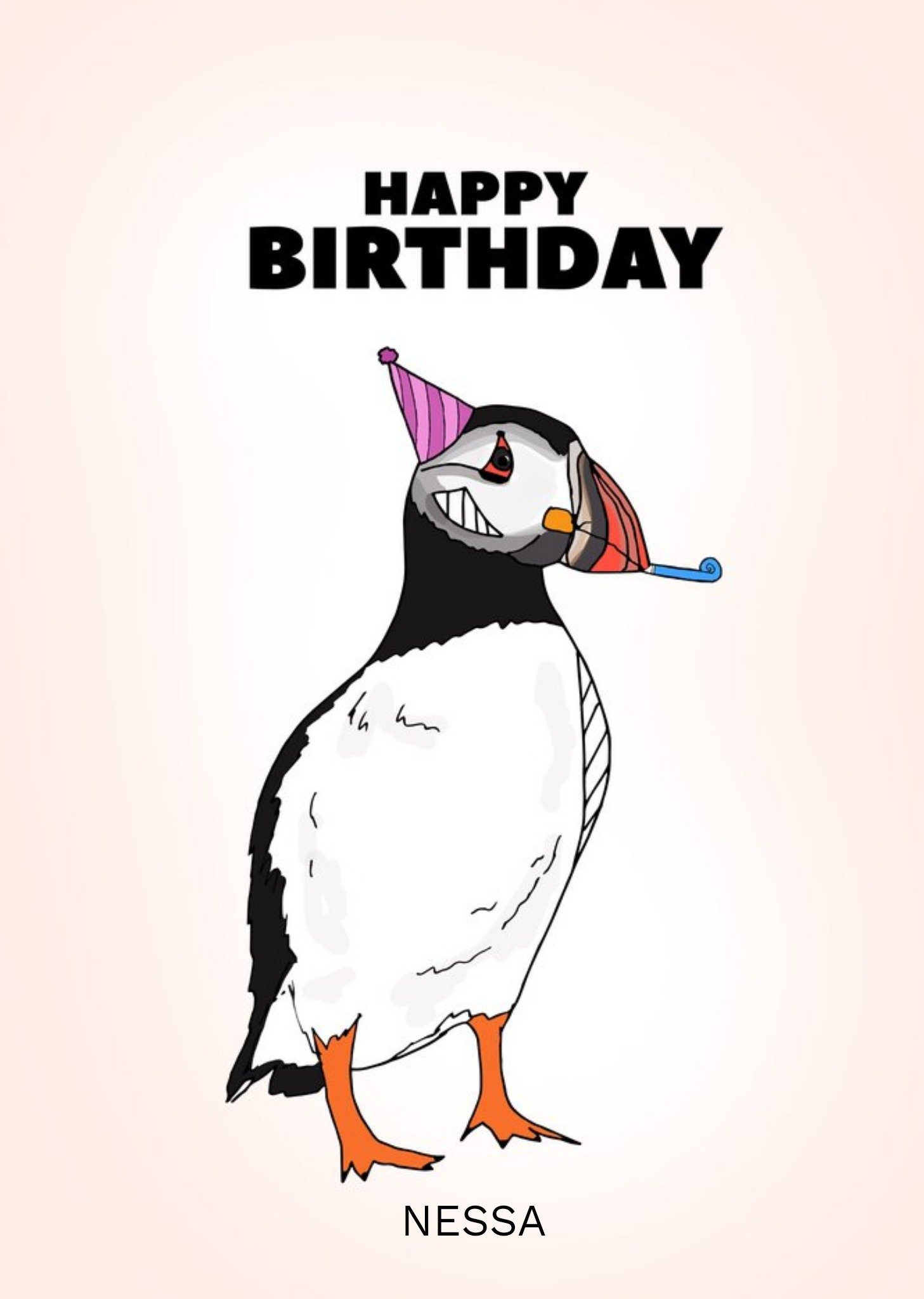Moonpig Illustration Of A Puffin Wearing A Party Hat And Blowing On A Party Blower Birthday Card