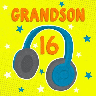 Bright Graphic Illustrated Headphones Pop Art 16th Birthday Grandson Card