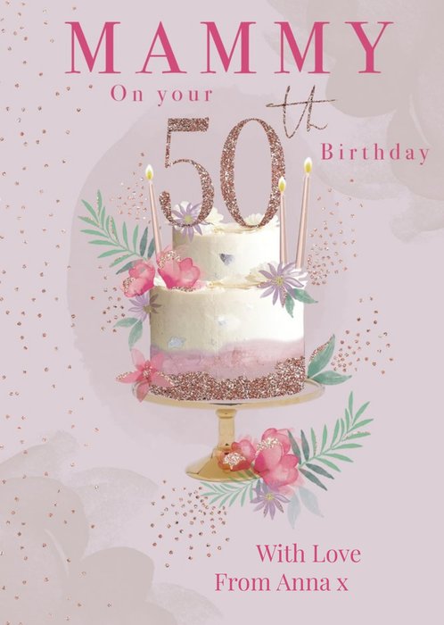 Clintons Mammy Pink Glitter Cake 50th Birthday Card