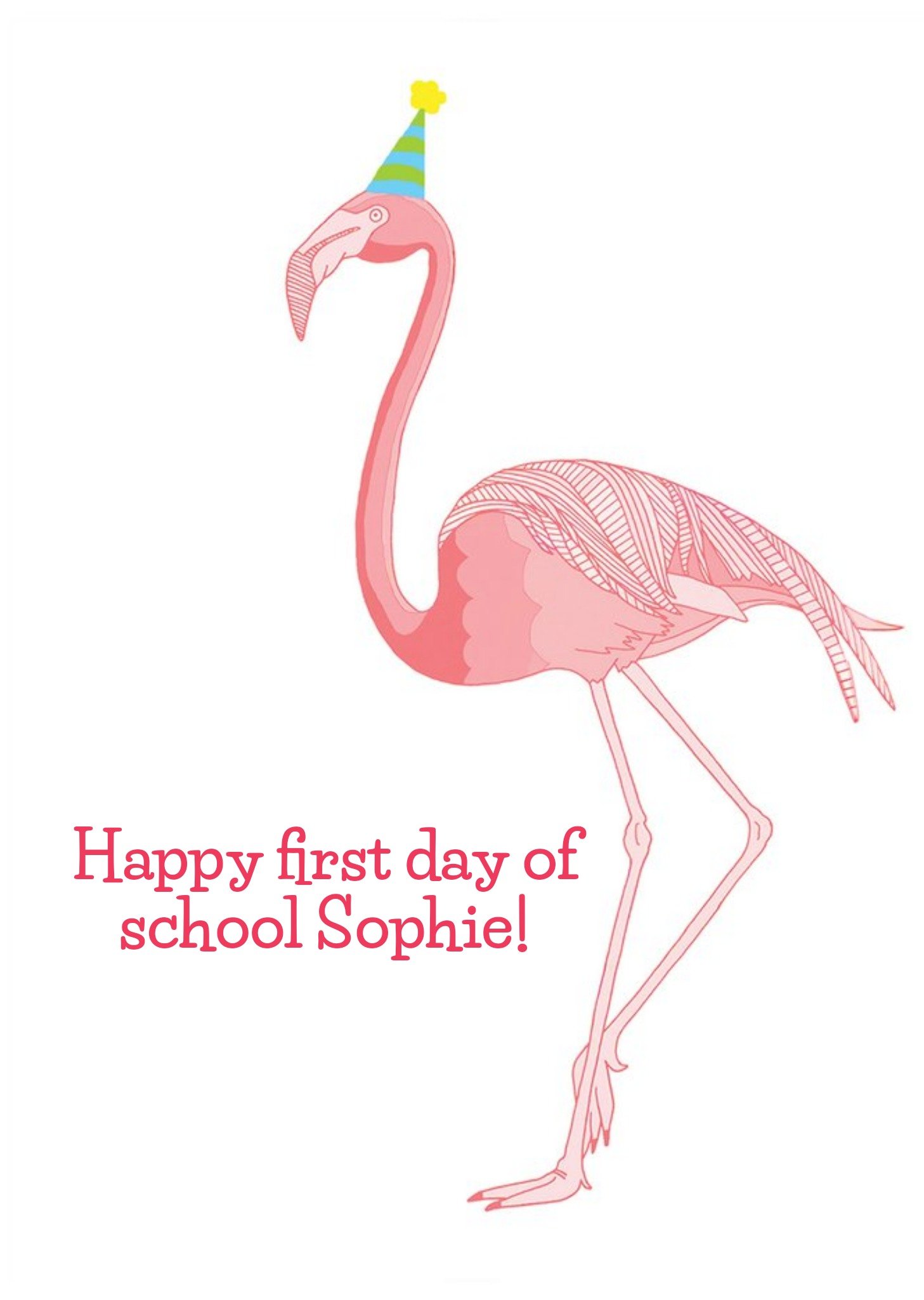 Moonpig Pink Flamingo Illustration First Day Of School Personalise Name Card