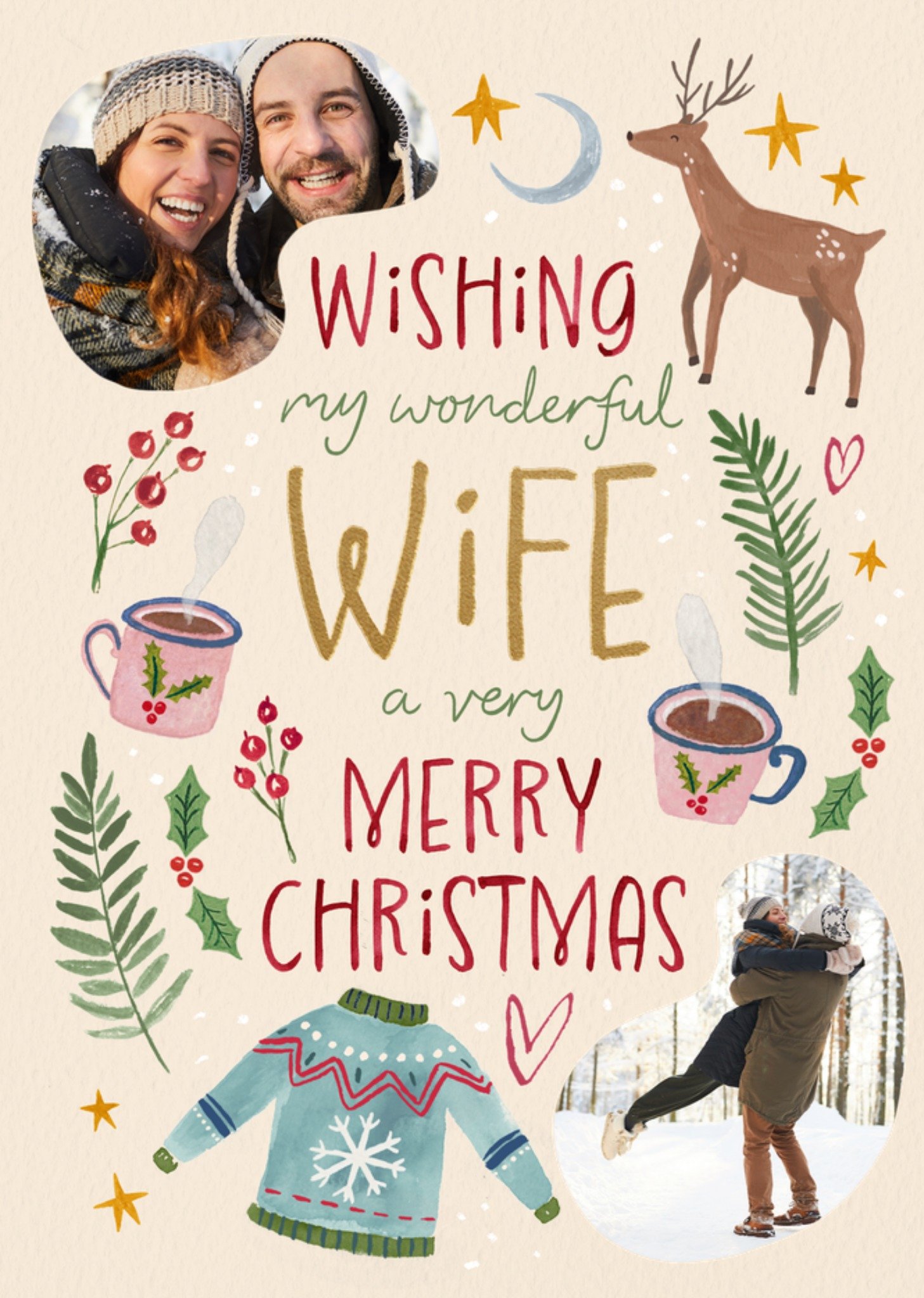 Moonpig Wonderful Wife Illustrated Photo Upload Christmas Card