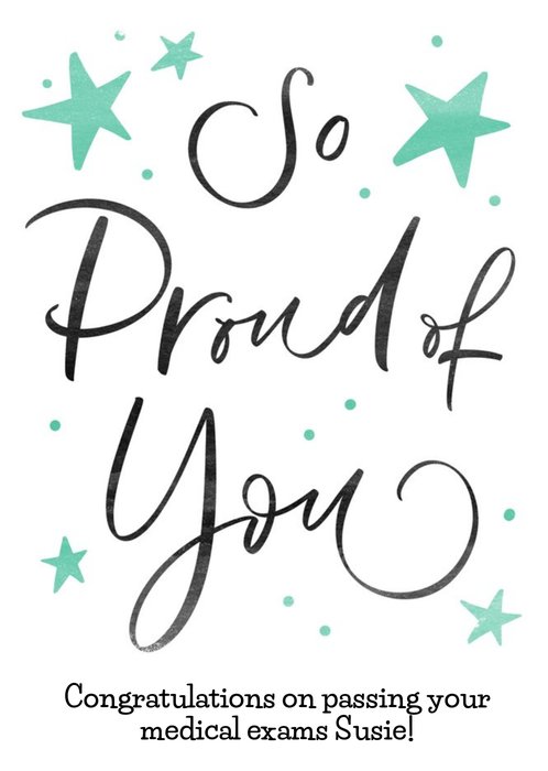 Black Caligraphy Surrounded By Stars On A White Background So Proud Of You Card