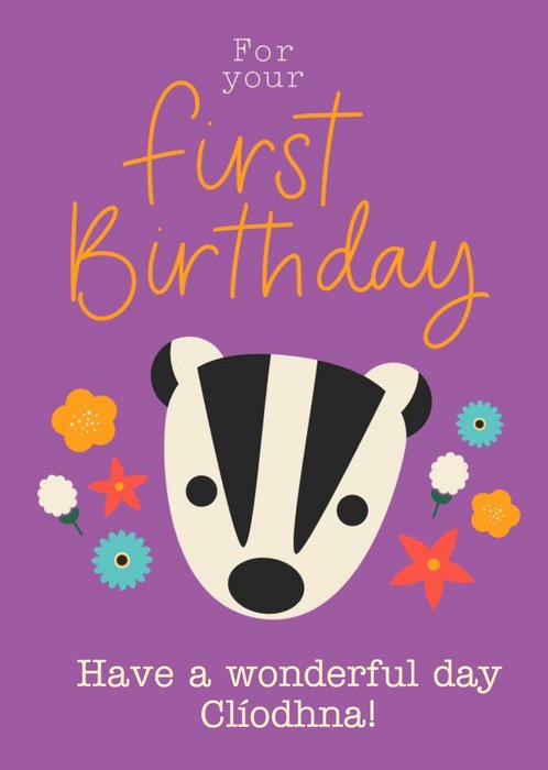 Flowers and Badger Illustration First Birthday Card