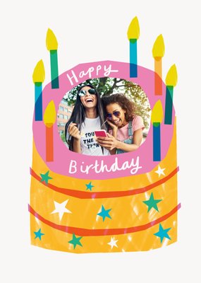 Happy Birthday Cake Illustrated Photo Upload Card
