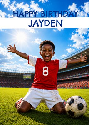 Celebrating Boy Football Player In Red Shirt Face Swap Birthday Card