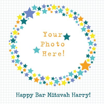 Star Circle Framed Personalised Photo Upload Happy Bar Mitzvah Card