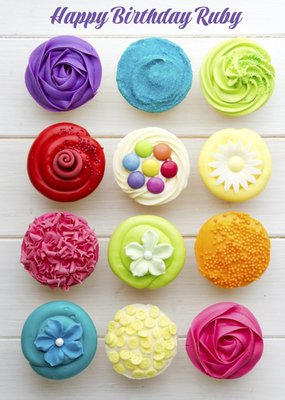 Colourful And Bright Cupcakes Personalised Happy Birthday Card