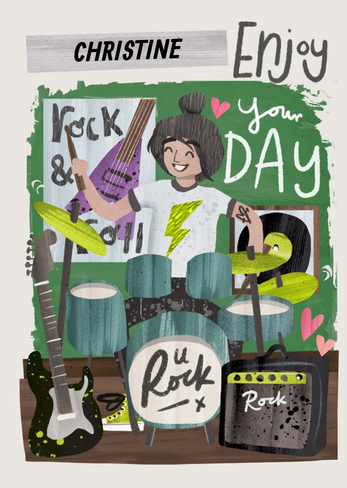 Moonpig Illustration Of A Girl Playing The Drums. Enjoy Your Day, U Rock Birthday Card