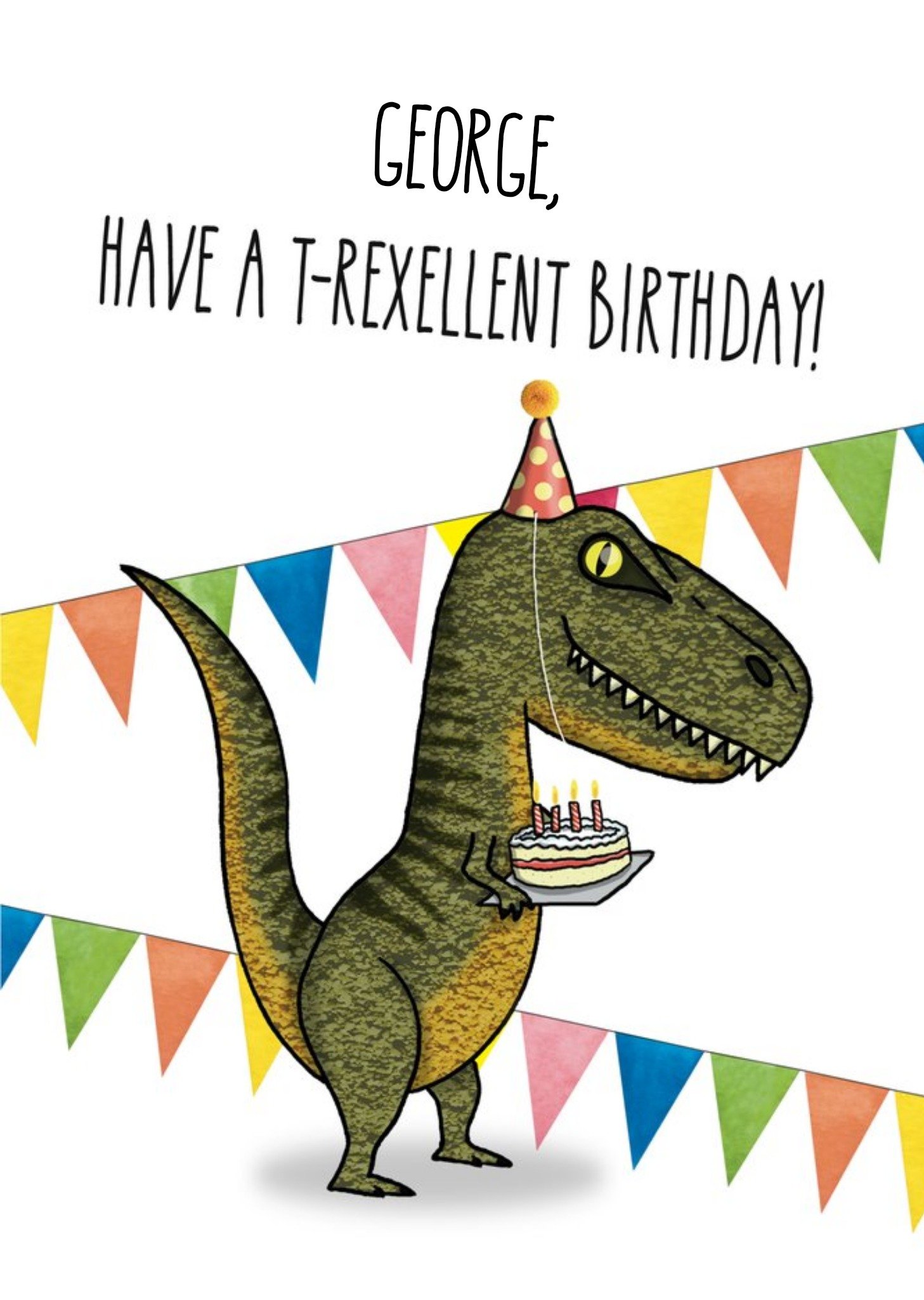 Moonpig Illustration Of T Rex Dinosaur Holding A Birthday Cake. Have T Rexellent Birthday Card
