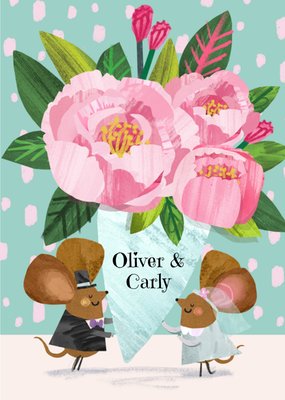 Cute Wedding Mice With Bouquet Illustrated Wedding Card