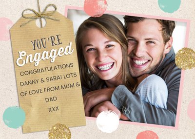 Pastel And Glitter Circles Horizontal Personalised Photo Upload Engagement Card