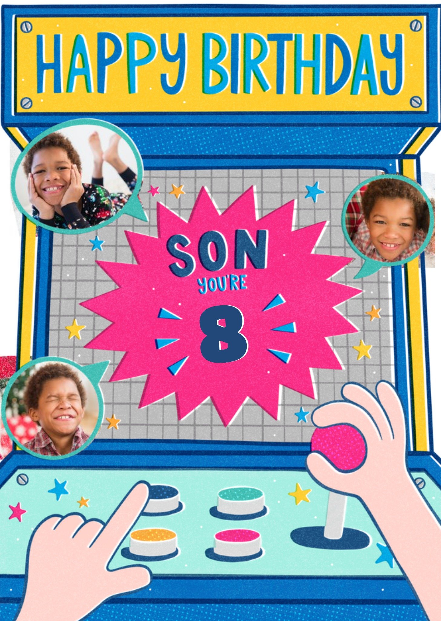Moonpig Illustrated Retro Arcade Game Photo Upload Birthday Card
