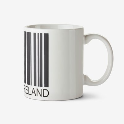 White mug with a black barcode and caption that reads Made In Ireland