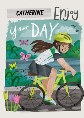 Illustration Of A Girl Cycling. Enjoy Your Day Birthday Card