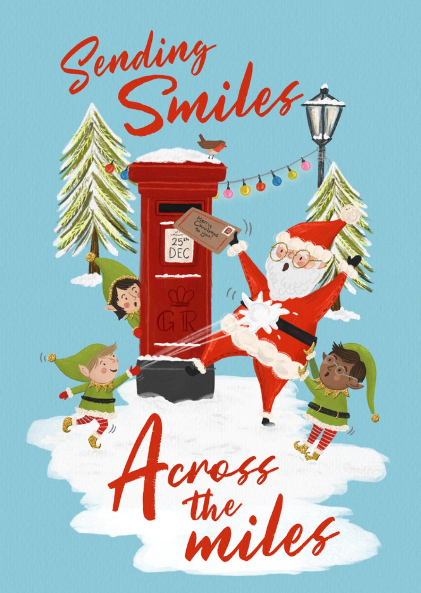 Moonpig Sending Smiles Across The Miles Illustrated Santa And Elves Christmas Card