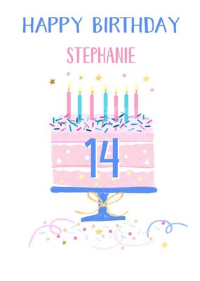 Illustration Of A Birthday Cake On A White Background Fourteenth Birthday Card