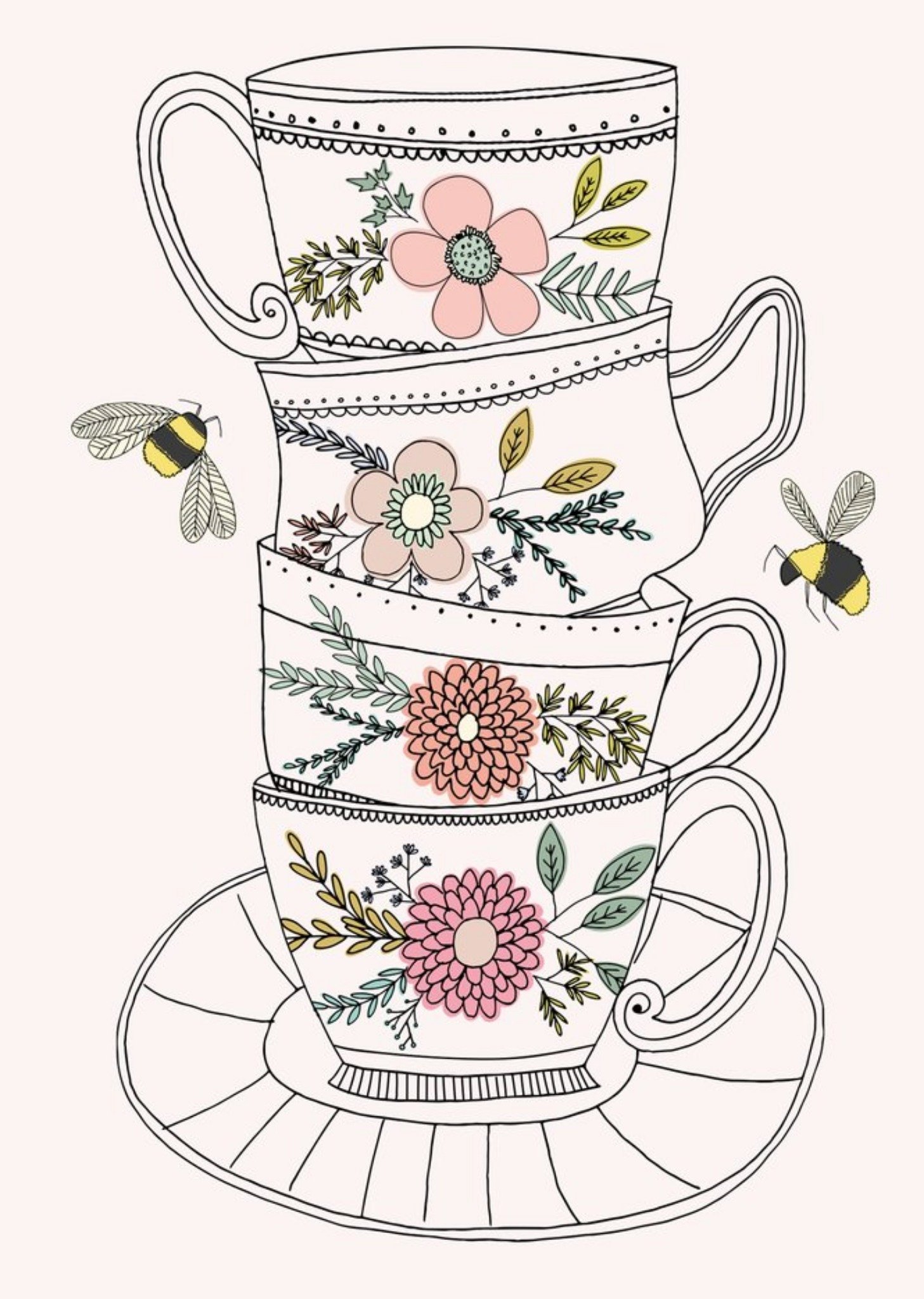 Moonpig Pretty Flowers And Bees Illustrated Tea Cups Card