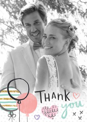 Sketched Balloons And Hearts Personalised Photo Upload Wedding Day Thank You Card