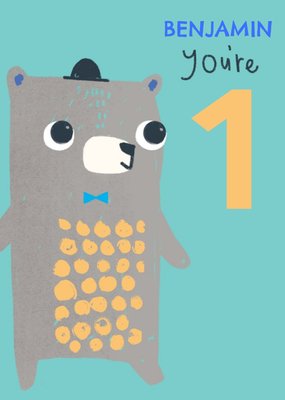 Cute Simple Illustration Of A Bear Wearing A Bowler Hat And Bow Tie 1st Birthday Card