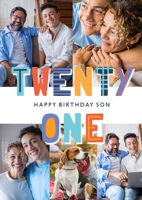 Twenty One Happy Birthday Son Photo Upload Card