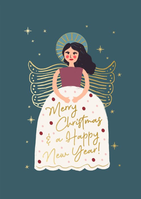 Merry Christmas & A Happy New Year Angel Illustrated Christmas Card