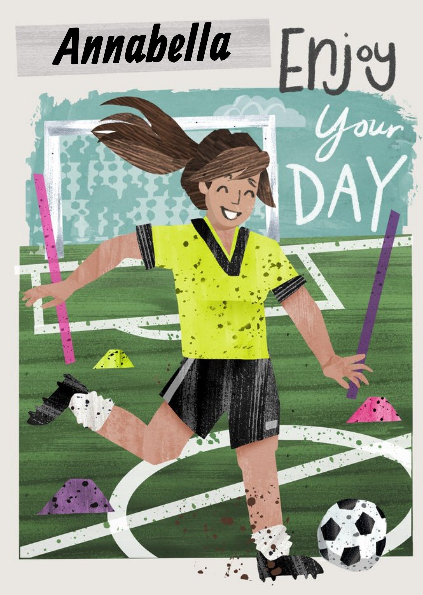 Moonpig Illustration Of A Girl Playing Football. Enjoy Your Day Birthday Card