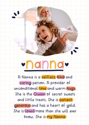 Nanna Selfless Kind And Caring Typography Photo Upload Birthday Card