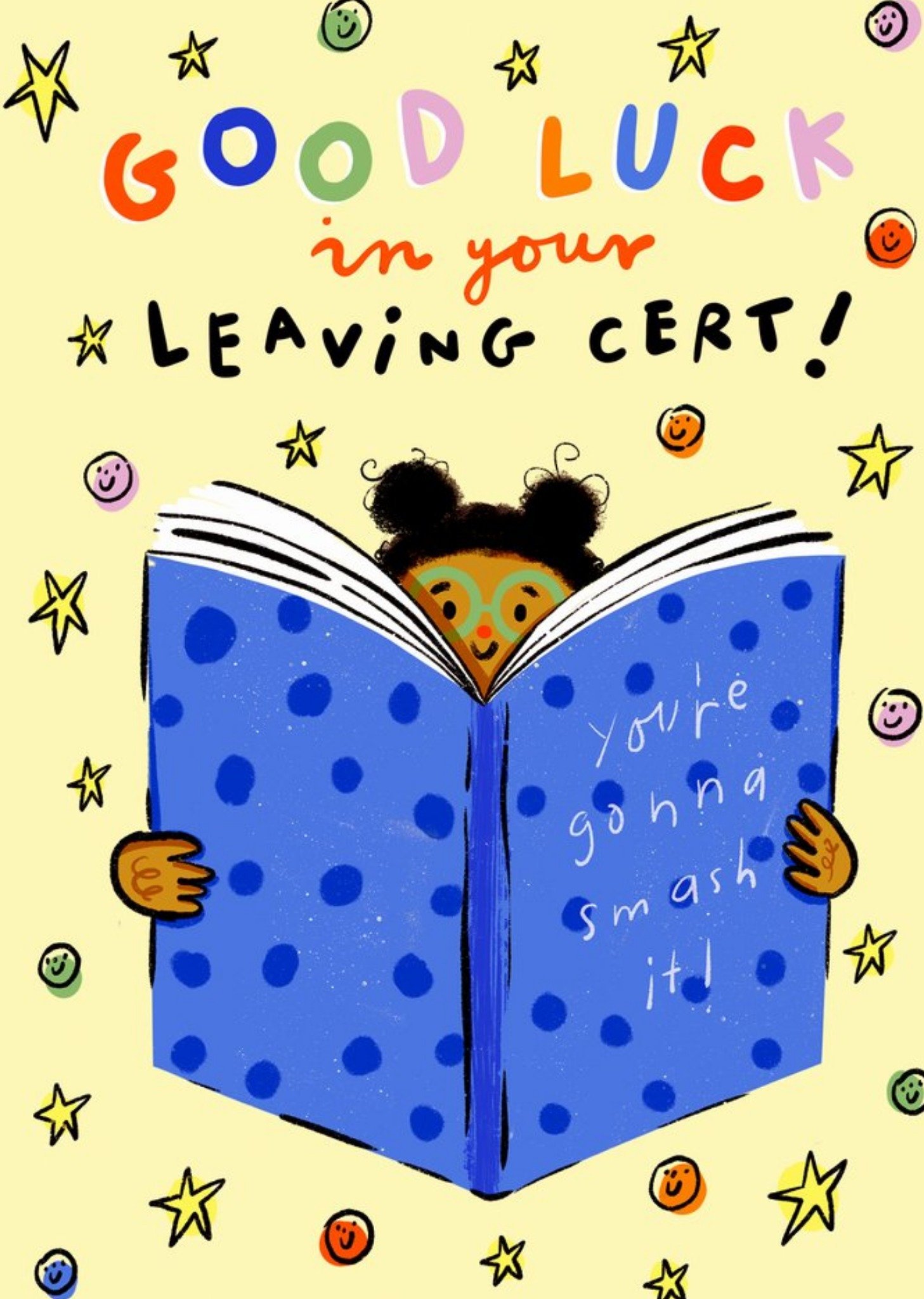 Moonpig Illustration Of A Girl With A Book Surrounded By Stars And Smiley Faces Leaving Certificate 