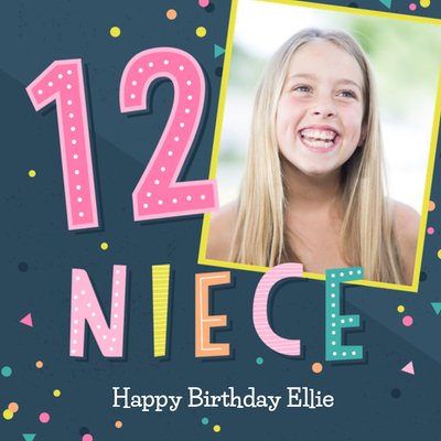 Typographic Bright Niece Photo Upload 12th Birthday Card