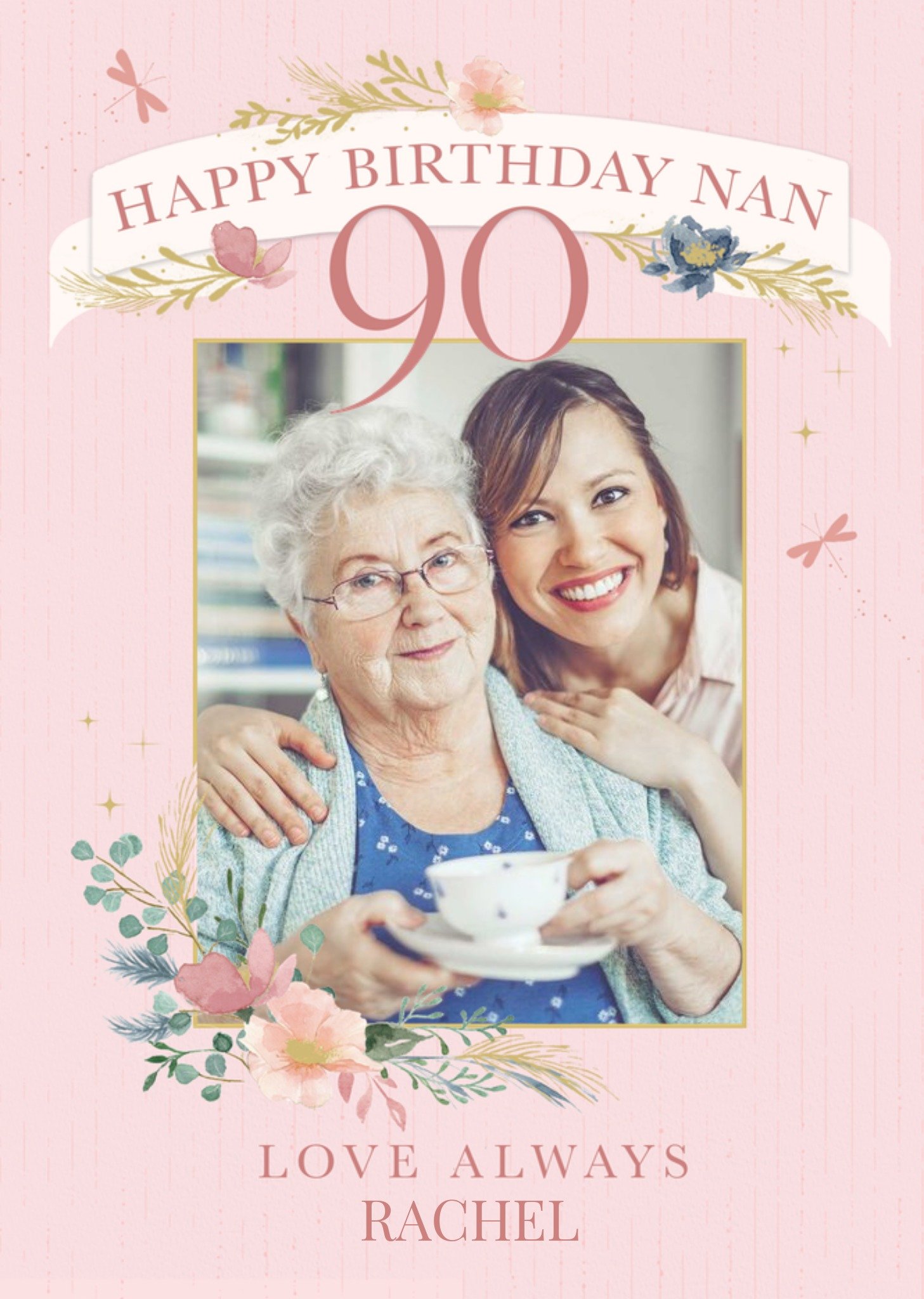 Moonpig Photo Frame Surrounded By Flowers Nan's Ninetieth Photo Upload Birthday Card