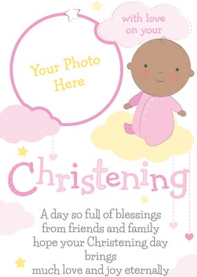 Lemon And Baby Pink Personalised Photo Upload Happy Christening Day Card