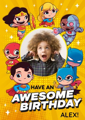 Kids DC Super Friends Awesome Birthday Photo Upload card