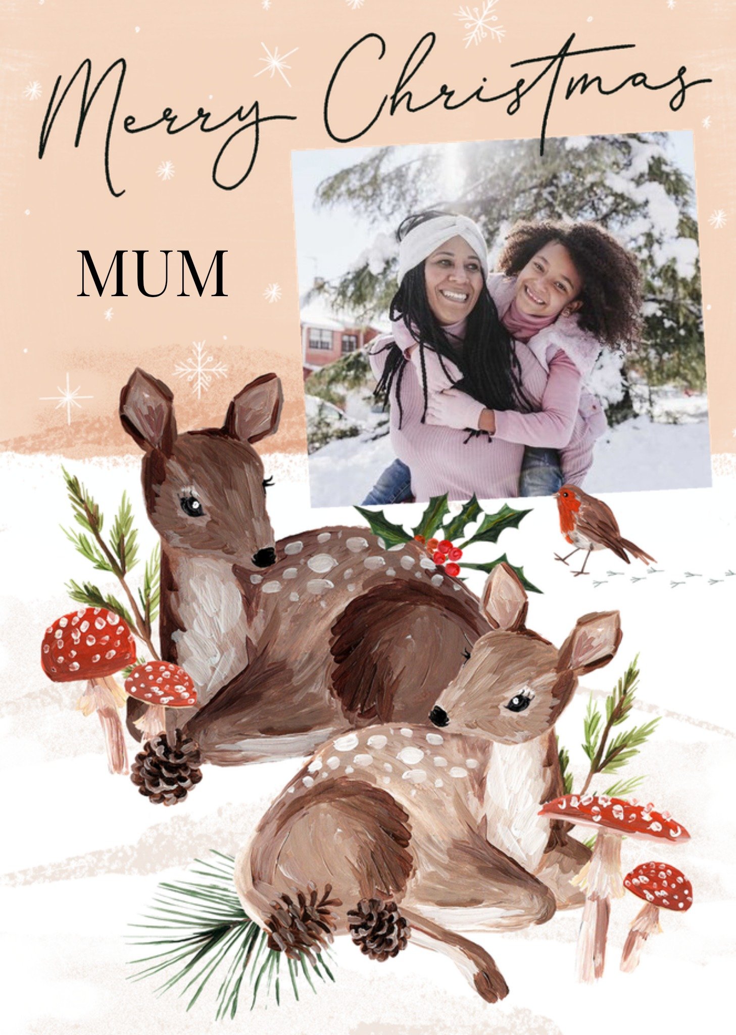 Moonpig Adorable Illustration Of Two Dears Resting In Snow Photo Upload Christmas Card