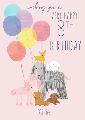 Dogs with Balloons Editable 8th Birthday Card