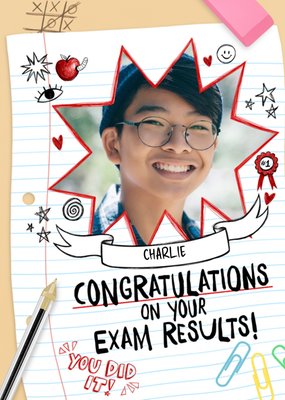 School Themed Illustration With Note Paper Congratulations On Your Exam Results Photo Upload Card