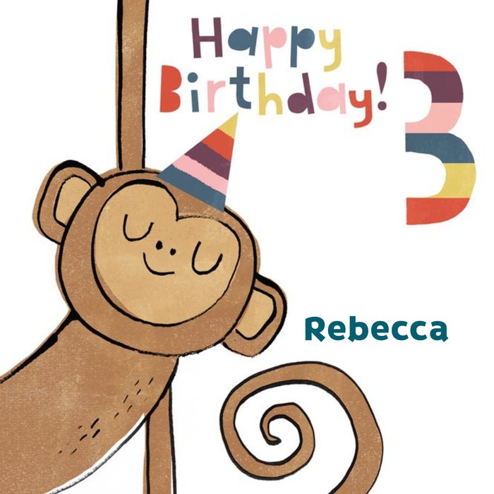 Smiling Monkey Personalised Happy 3rd Birthday Card