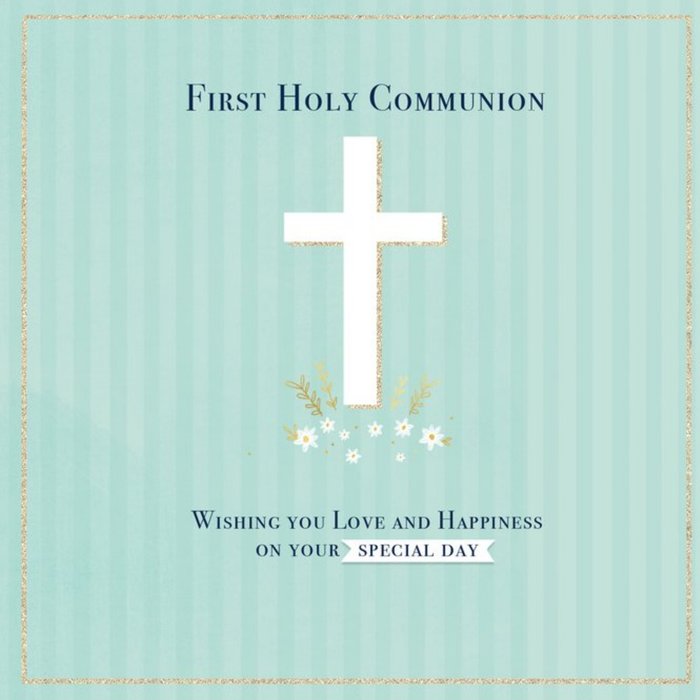 Illustration Of A Cross And Flowers First Holy Communion Card