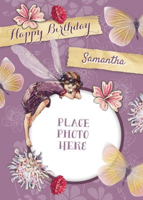 Violet Flowers, Butterflies And Berry Fairy Photo Upload Happy Birthday Card