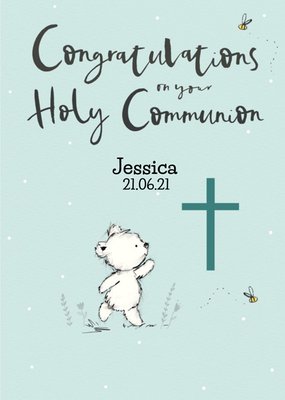 Cute Illustration Of A Bear On A Light Blue Background Holy Communion Card