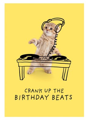 Funny DJing Cat Line Drawn Headphones And DJ Decks Birthday Card
