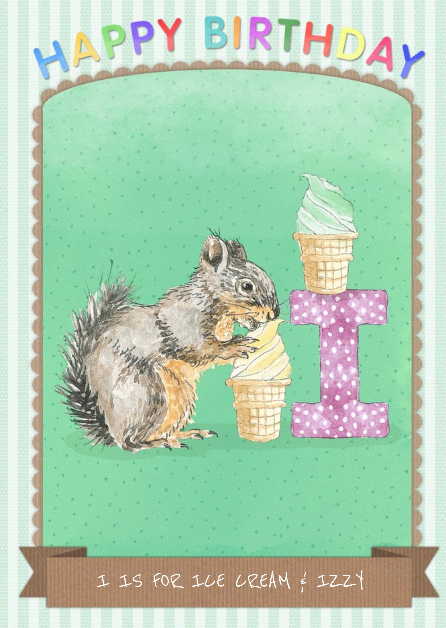 Moonpig Pinstriped I Is For Ice Cream And Personalised Name Birthday Card