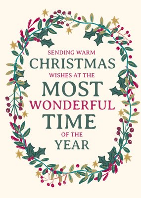 Most Wonderful Time Of The Year Wreath Typography Illustrated Christmas Card
