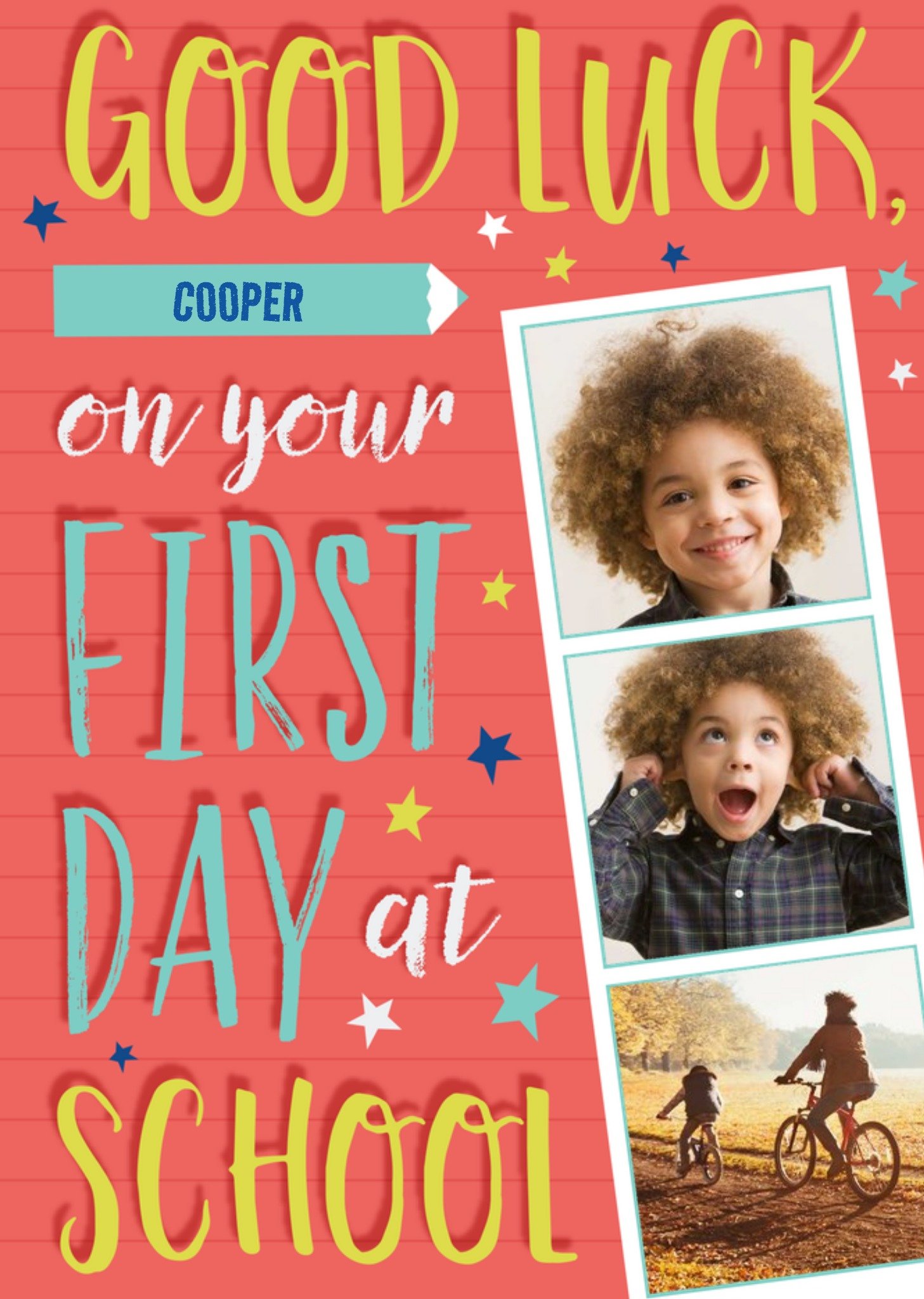 Moonpig Photo Strip With Colourful Text Surrounded By Stars First Day At School Photo Upload Card
