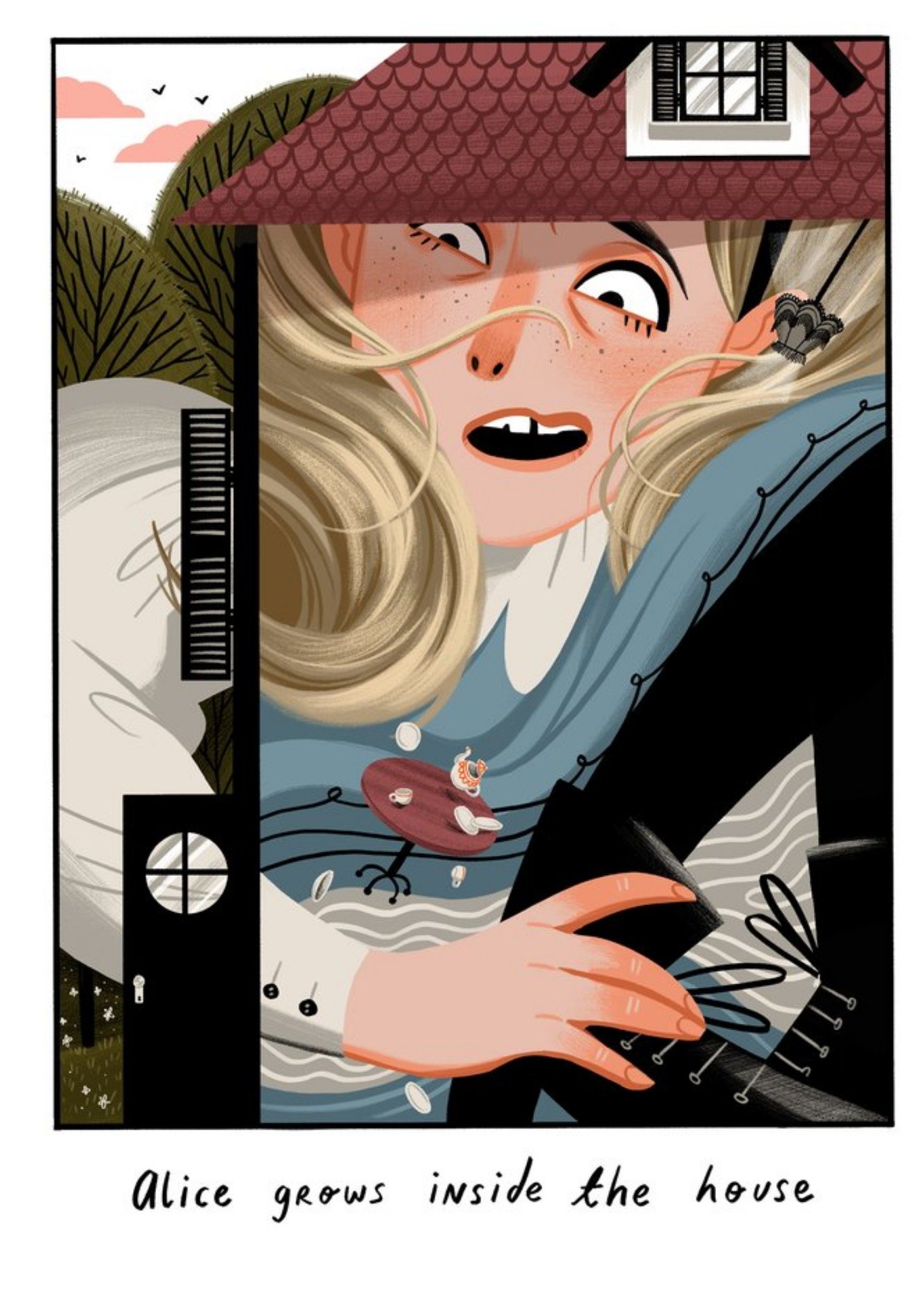 Moonpig Illustration Of Alice In Wonderland Growing Inside Of A House Birthday Card