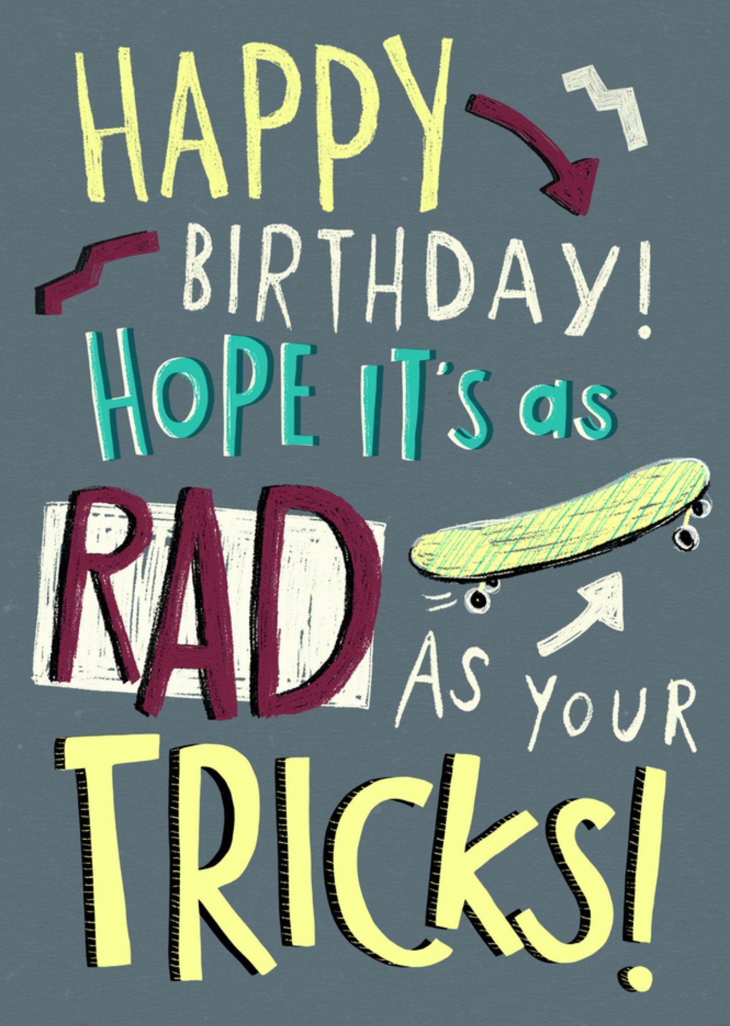Moonpig Electric Letters Hope It's As Rad As Your Tricks Skateboard Typography Birthday Card